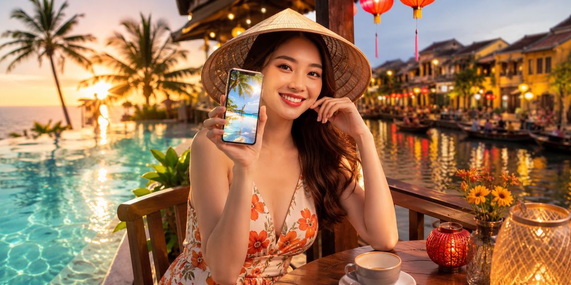 Người dùng tại Hội An ngồi cà phê buổi sáng và trải nghiệm mobile casino trên điện thoại một cách an toàn