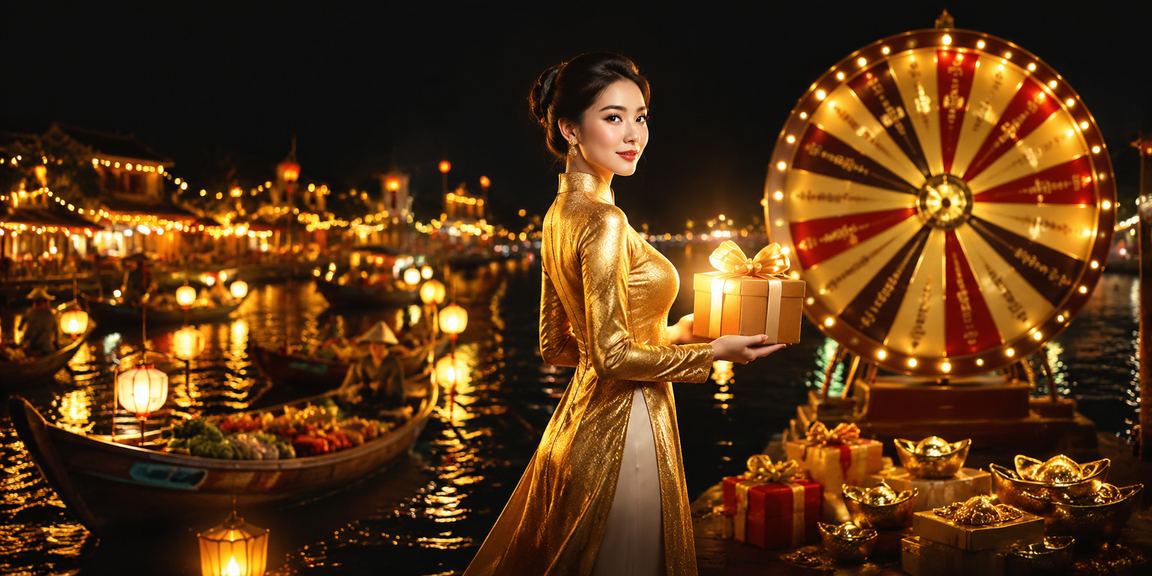 Khung cảnh buổi tối Hội An với người dùng trải nghiệm roulette và xem ưu đãi casino trên di động